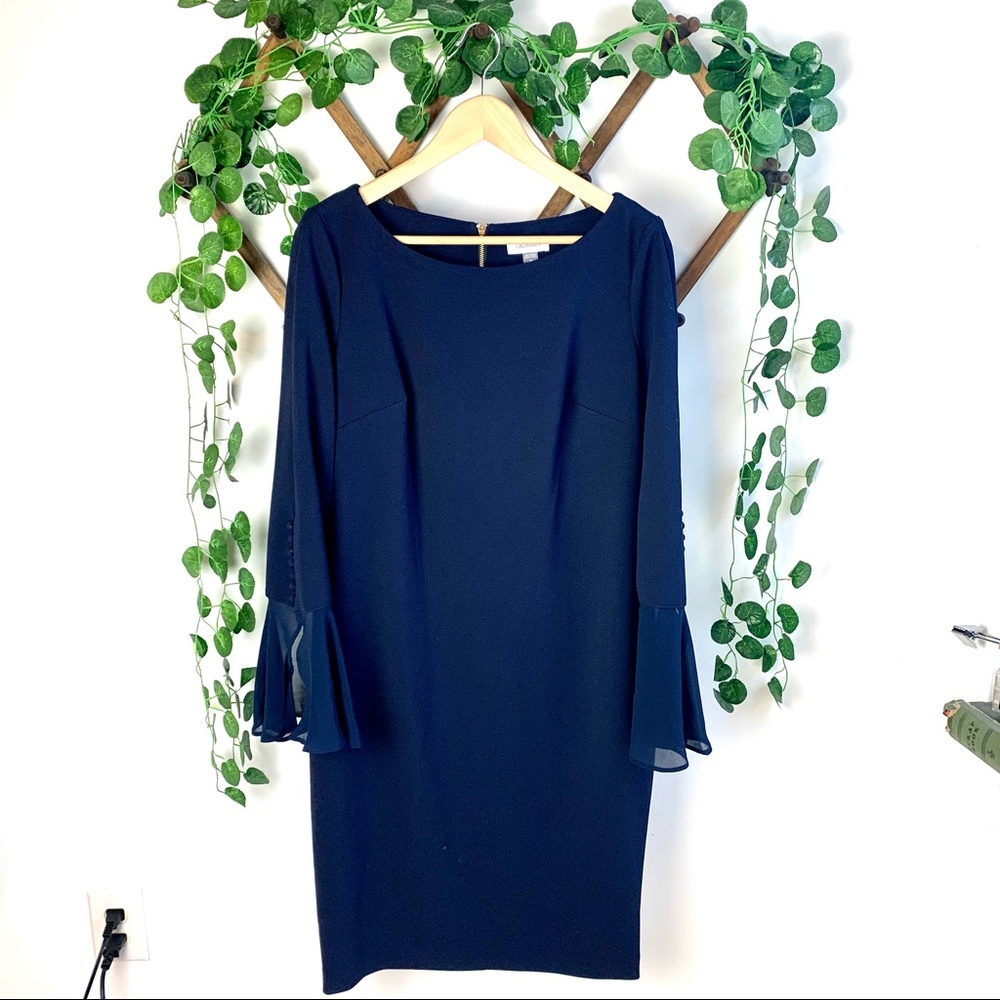 Calvin Klein Navy Blue Bell Sleeve Sheath Midi Dress Plus Size 14